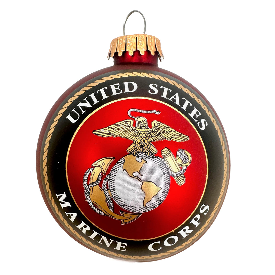 Christmas Tree Ornaments Made in the USA - 80mm / 3.25" Decorated Collectible Glass Balls from Christmas by Krebs - Handmade Hanging Holiday Decorations for Trees (Marine Corps Crest, Silk)