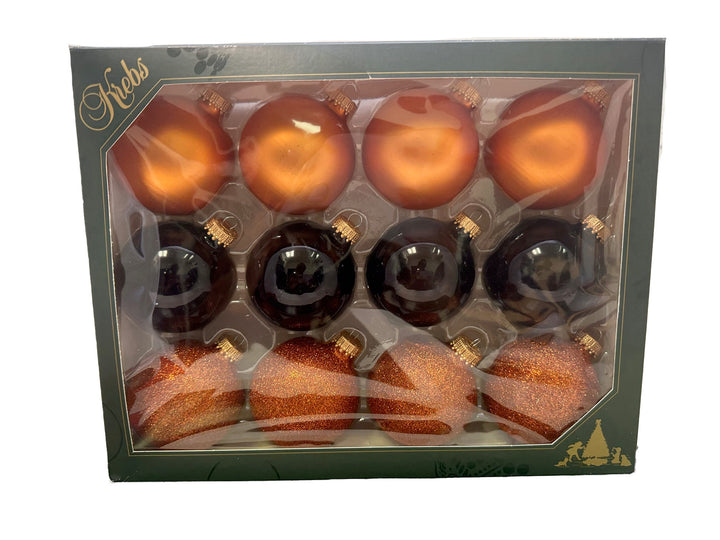 Glass Christmas Tree Ornaments - 67mm/2.63" Designer Balls from Christmas by Krebs - Seamless Hanging Holiday Decorations for Trees - Set of 12 Ornaments (Orange Velvet, Shiny Black & Brown Glitter)