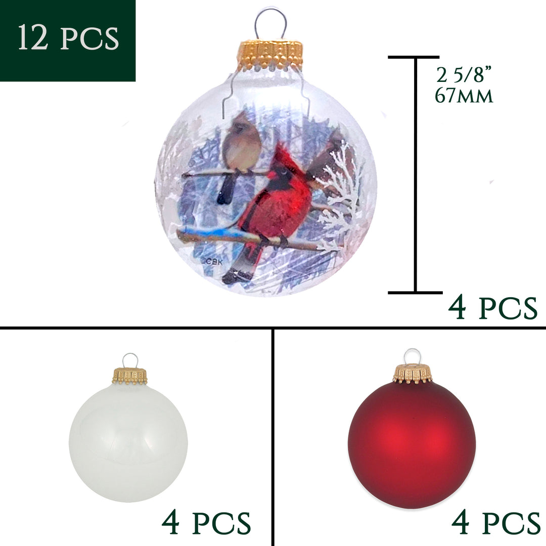 Glass Christmas Tree Ornaments - 67mm/2.63" Designer Balls from Christmas by Krebs - Seamless Hanging Holiday Decorations for Trees - Set of 12 Ornaments (White and Red with Reverse Print Cardinal)