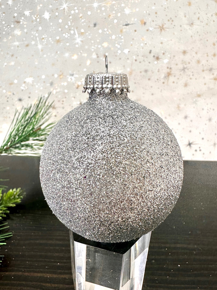 Glass Christmas Tree Ornaments - 67mm/2.63" Designer Balls from Christmas by Krebs - Seamless Hanging Holiday Decorations for Trees - Set of 12 Ornaments (Sparkle White Dark Blue & Glitter Light Blue)