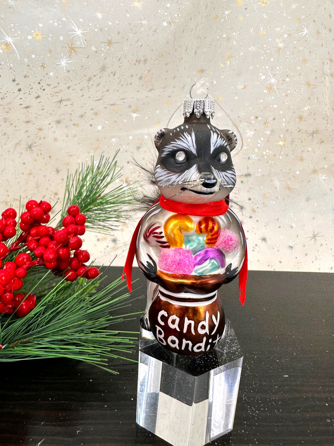 Christmas By Krebs Blown Glass  Collectible Tree Ornaments  (4" Bandit Raccoon)