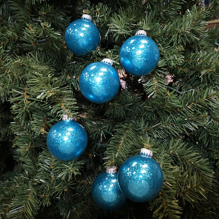 Glass Christmas Tree Ornaments - 67mm / 2.63" [6 Pieces] Designer Balls from Christmas By Krebs Seamless Hanging Holiday Decor (Aqua Blue Sparkle)