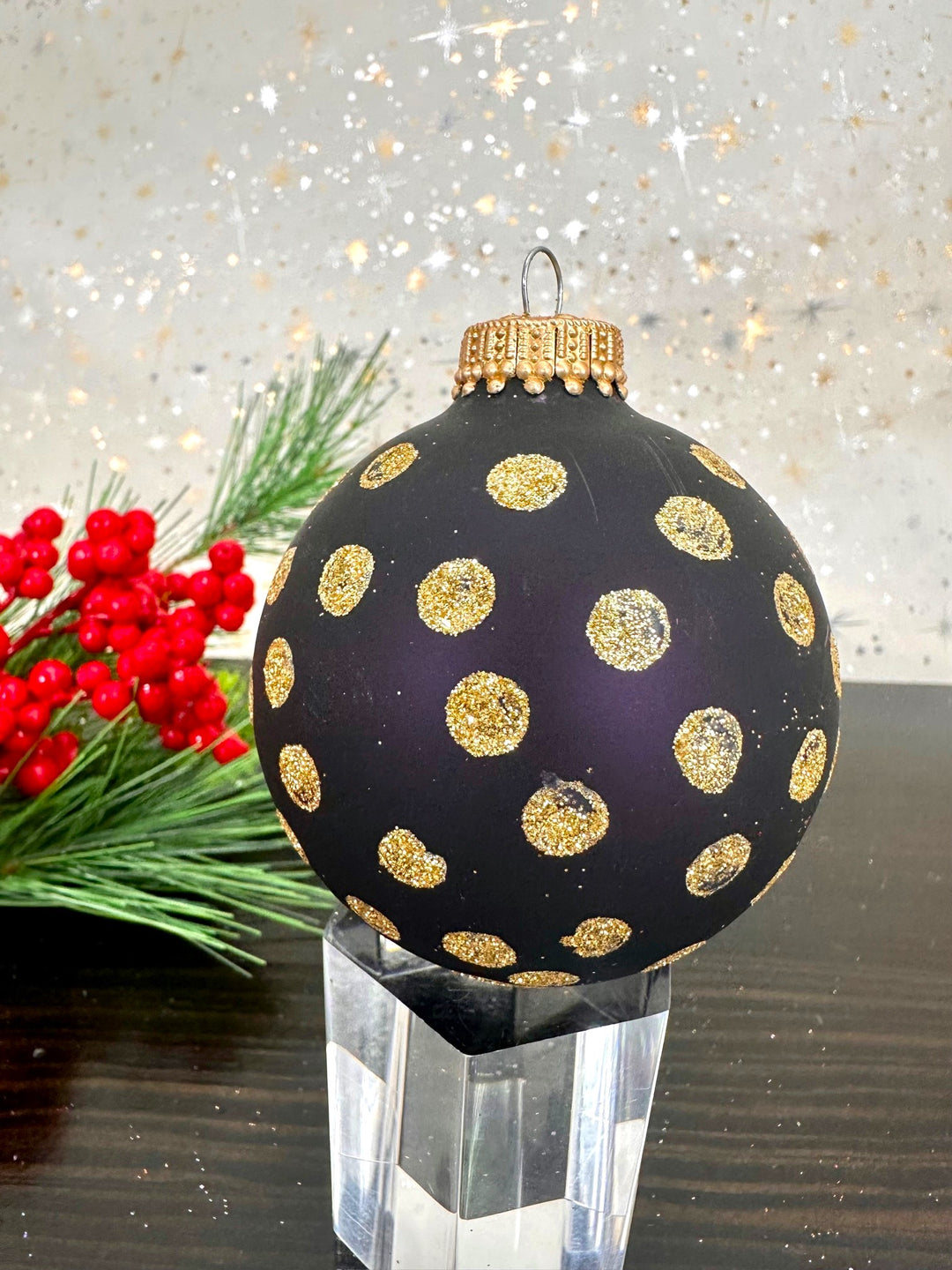 Glass Christmas Tree Ornaments - 67mm/2.63" [4 Pieces] Decorated Balls from Christmas by Krebs Seamless Hanging Holiday Decor (Ebony Velvet with Gold Dots)