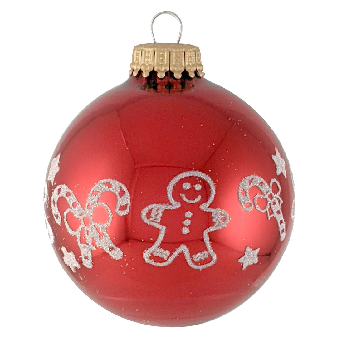 Glass Christmas Tree Ornaments - 67mm/2.625" [4 Pieces] Decorated Balls from Christmas by Krebs Seamless Hanging Holiday Decor (Christmas Red with White Gingerbread & Candy Canes)