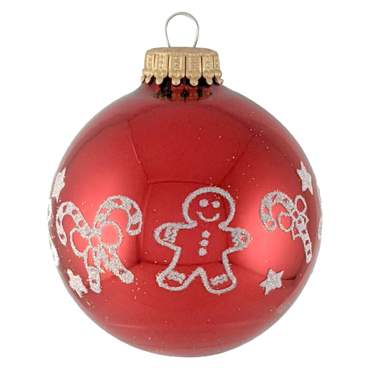 Glass Christmas Tree Ornaments - 67mm/2.625" [4 Pieces] Decorated Balls from Christmas by Krebs Seamless Hanging Holiday Decor (Christmas Red with White Gingerbread & Candy Canes)