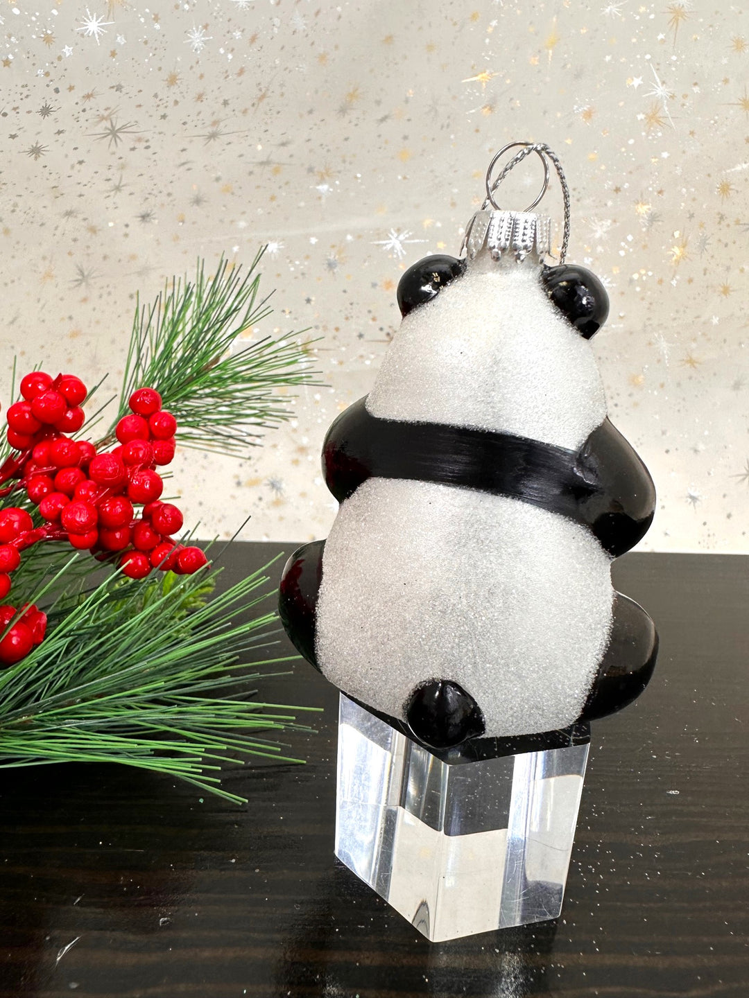 Christmas By Krebs Blown Glass  Collectible Tree Ornaments  (Panda Holding Christmas Tree)