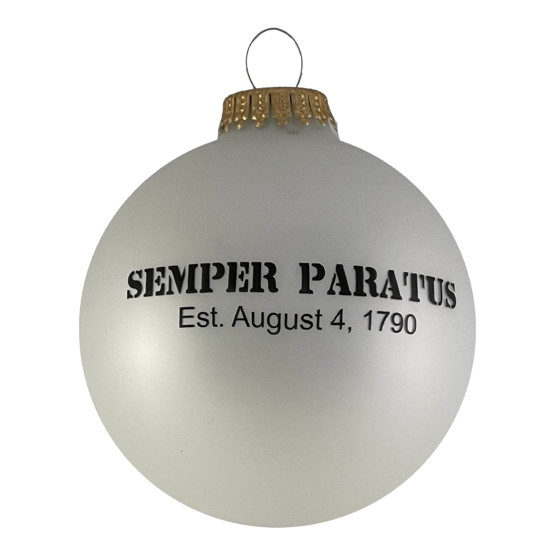 Christmas Tree Ornaments Made in the USA - 80mm / 3.25" Decorated Collectible Glass Balls from Christmas by Krebs - Handmade Hanging Holiday Decorations for Trees (Coast Guard Motto & Est Date, Silk)