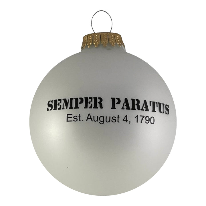 Christmas Tree Ornaments Made in the USA - 80mm / 3.25" Decorated Collectible Glass Balls from Christmas by Krebs - Handmade Hanging Holiday Decorations for Trees (Coast Guard Motto & Est Date, Silk)