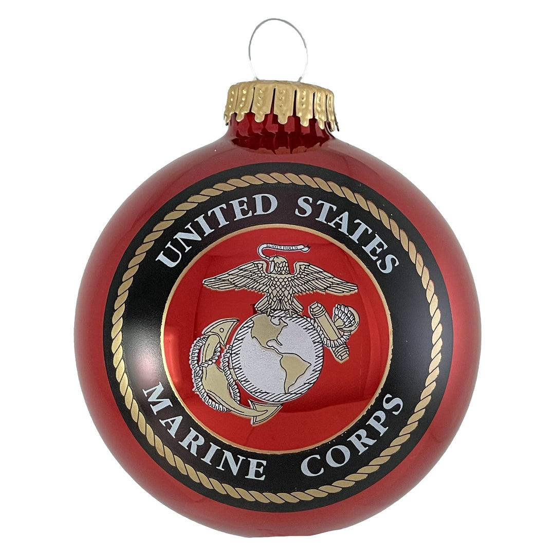 Christmas Tree Ornaments Made in the USA - 80mm / 3.25" Decorated Collectible Glass Balls from Christmas by Krebs - Handmade Hanging Holiday Decorations for Trees (USMC Marine Corps Logo & Hymn, Hymn)