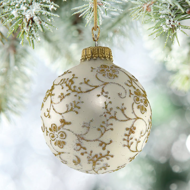 Glass Christmas Tree Ornaments - 67mm/2.63" [4 Pieces] Decorated Balls from Christmas by Krebs Seamless Hanging Holiday Decor (Classic Antique Velvet with Gold Glitterlace)