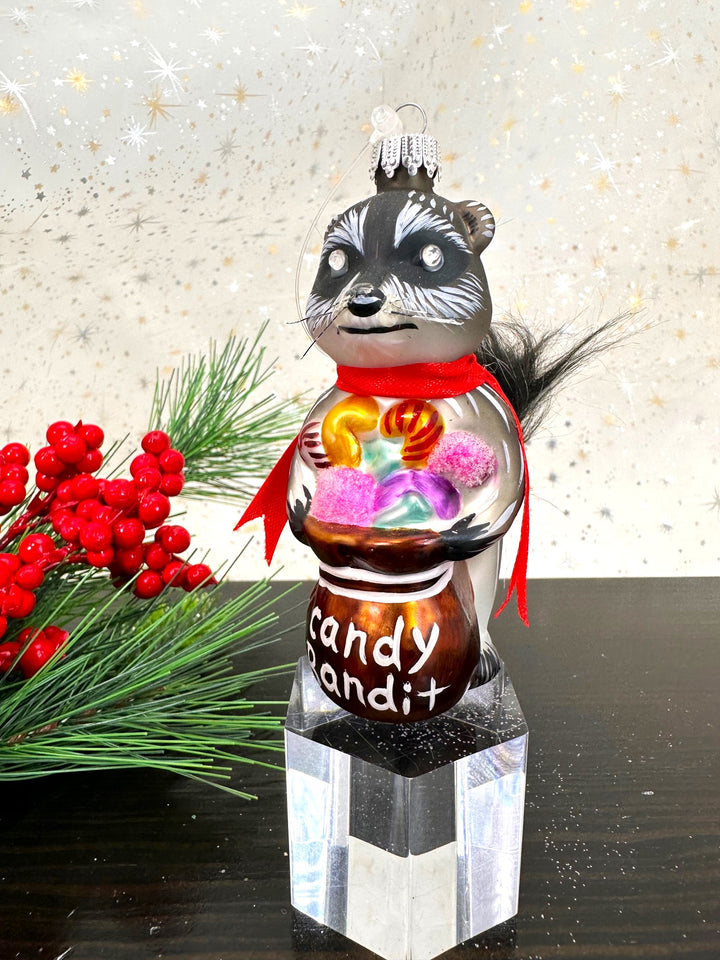 Christmas By Krebs Blown Glass  Collectible Tree Ornaments  (4" Bandit Raccoon)