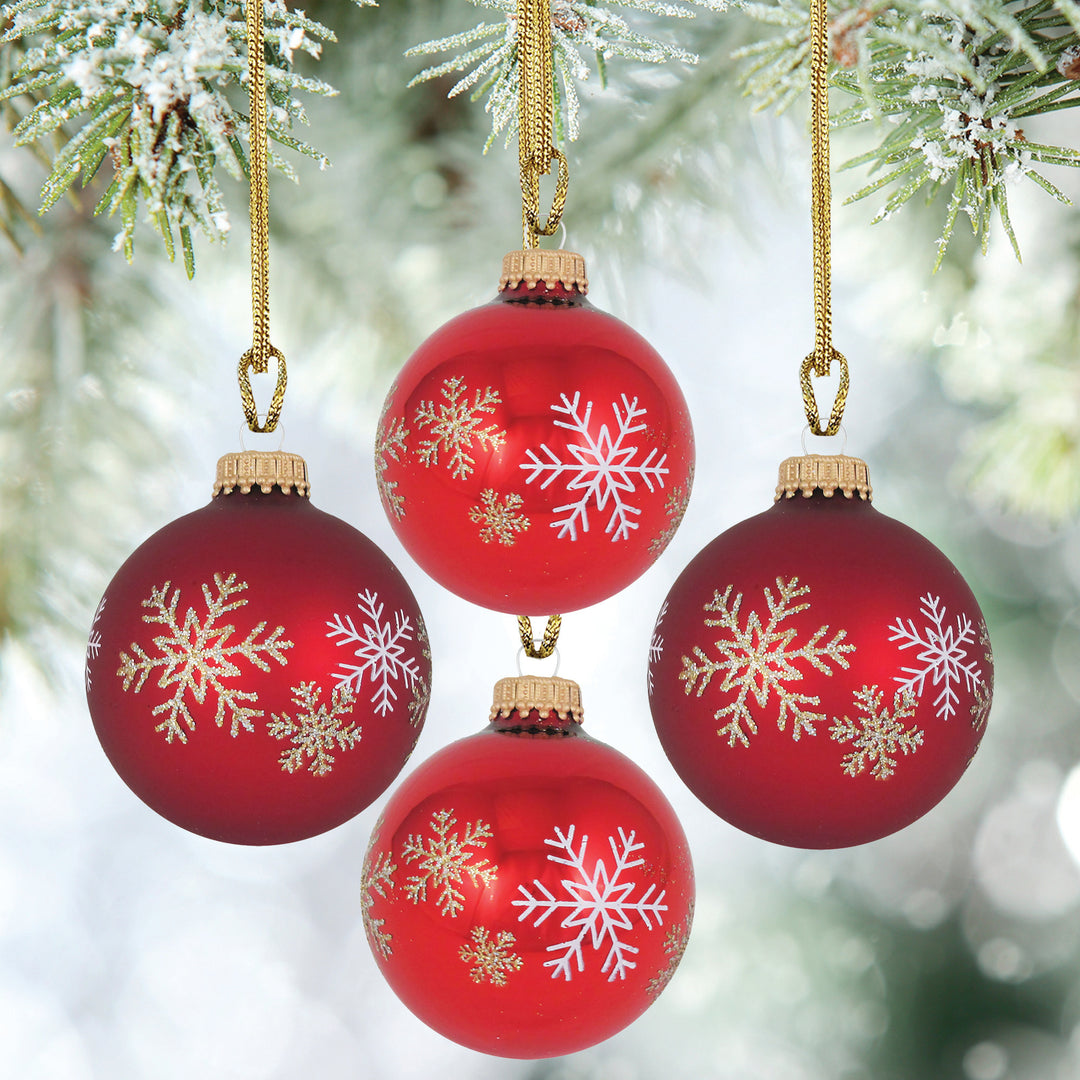 Glass Christmas Tree Ornaments - 67mm/2.63" [4 Pieces] Decorated Balls from Christmas by Krebs Seamless Hanging Holiday Decor (Christmas Red & Red Velvet Snowflakes)