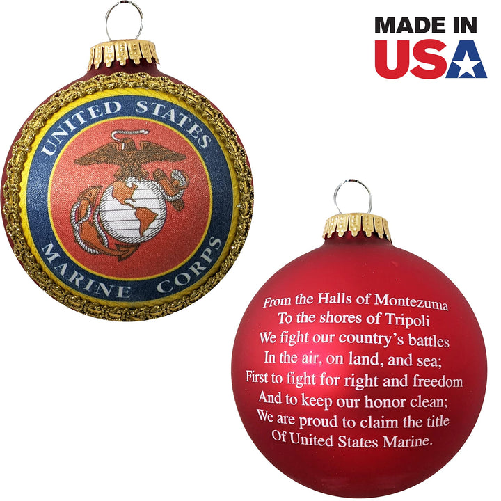 Christmas Tree Ornaments Made in the USA - 80mm / 3.25" Decorated Collectible Glass Balls from Christmas by Krebs - Handmade Hanging Holiday Decorations for Trees (Marine Corps Crest and Motto Silk With Hymn, Silk)