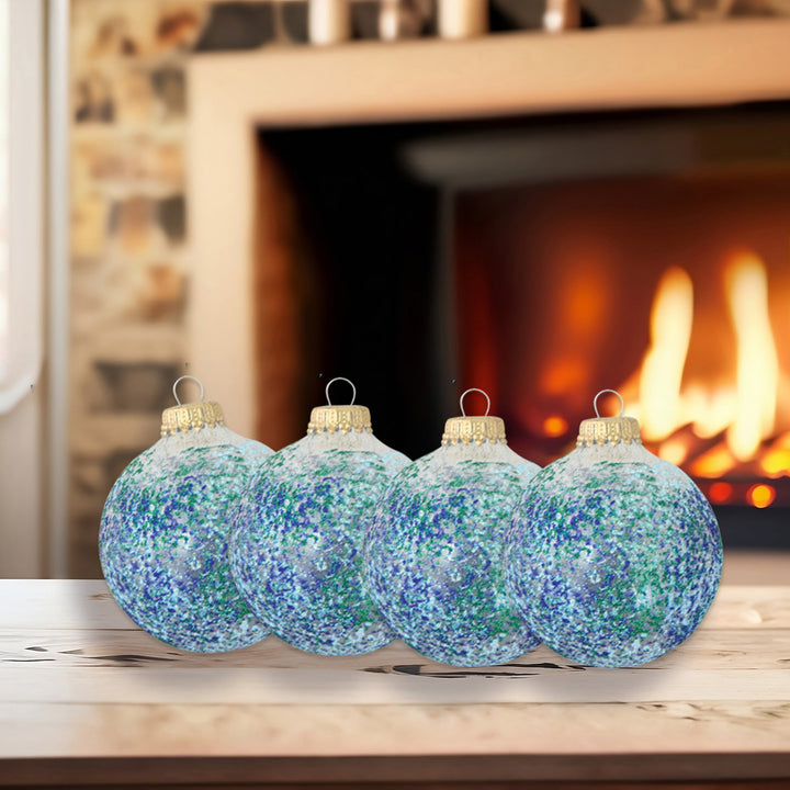 Glass Christmas Tree Ornaments - 67mm/2.63" [4 Pieces] Decorated Balls from Christmas by Krebs Seamless Hanging Holiday Decor (Clear with Blue Glitter Sponge Pattern)