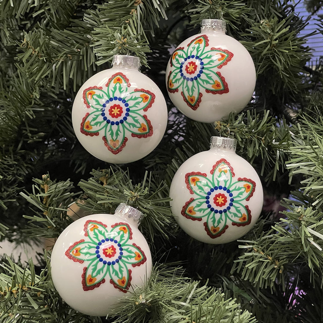 Glass Christmas Tree Ornaments - 67mm/2.63" [4 Pieces] Decorated Balls from Christmas by Krebs Seamless Hanging Holiday Decor (Porcelain White with Large Flower)