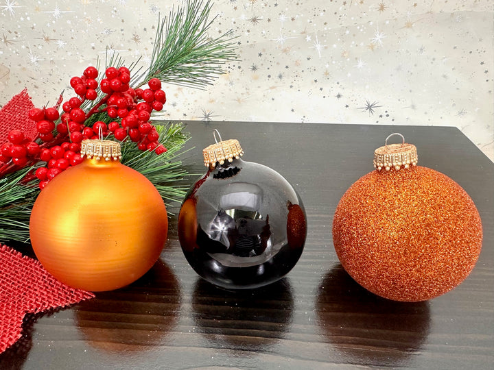 Glass Christmas Tree Ornaments - 67mm/2.63" Designer Balls from Christmas by Krebs - Seamless Hanging Holiday Decorations for Trees - Set of 12 Ornaments (Orange Velvet, Shiny Black & Brown Glitter)