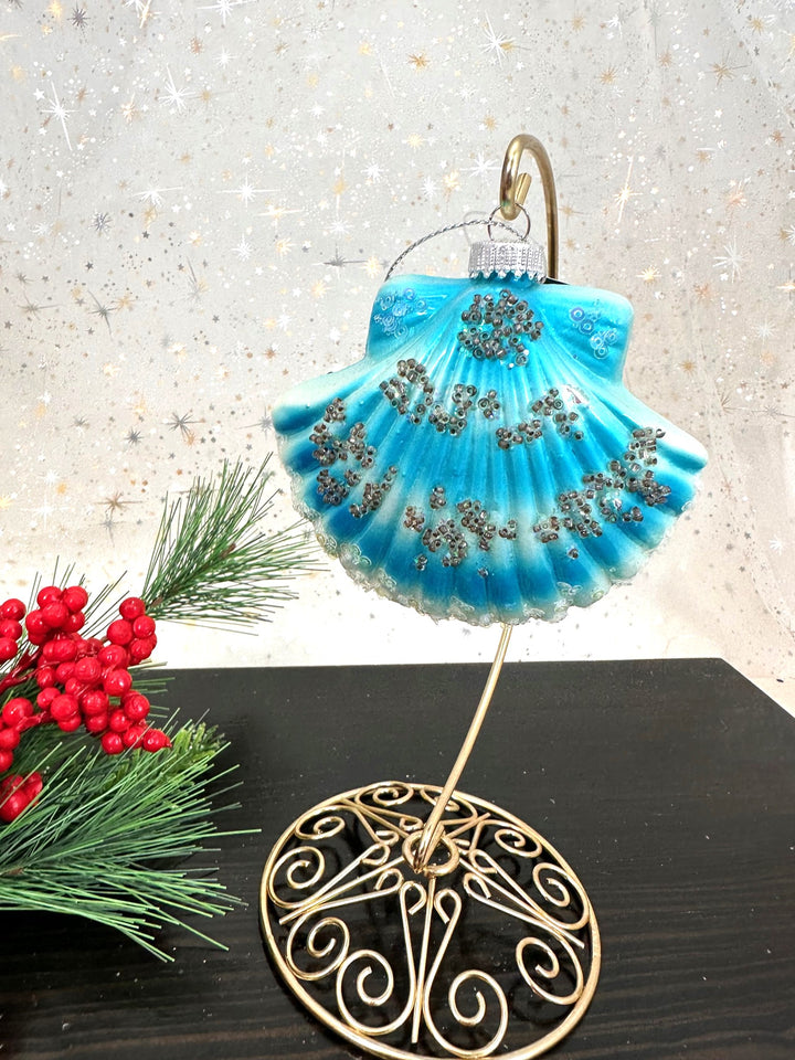 Christmas By Krebs Blown Glass  Collectible Tree Ornaments  (3 1/2" Blue Scallop Sea Shell)