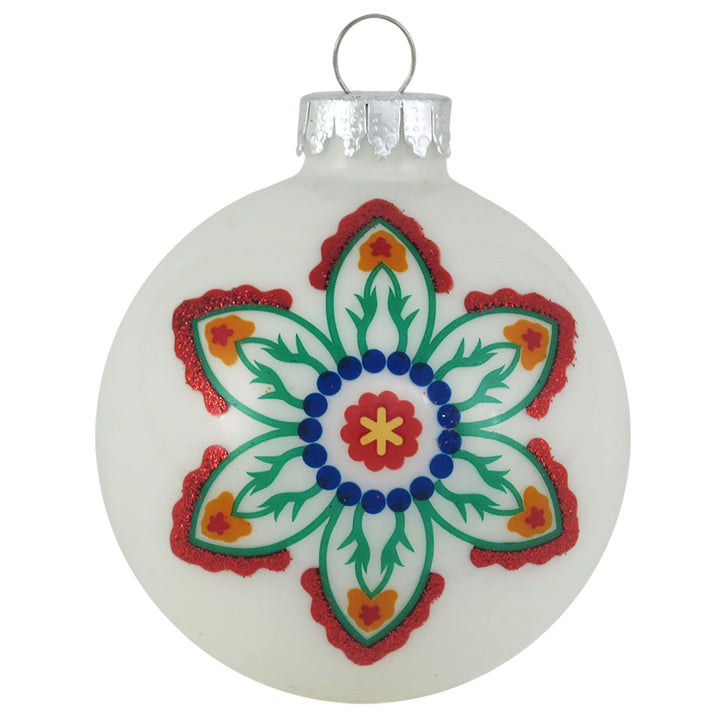 Glass Christmas Tree Ornaments - 67mm/2.63" [4 Pieces] Decorated Balls from Christmas by Krebs Seamless Hanging Holiday Decor (Porcelain White with Large Flower)