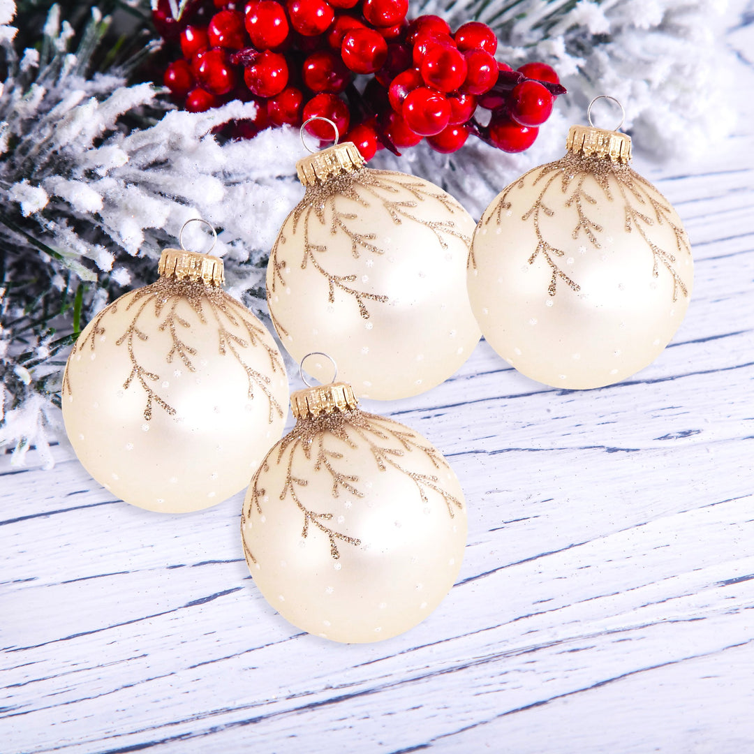 Vanilla Ice Velvet 2 5/8" (67mm) Glass Ball with Hanging Branches (4)