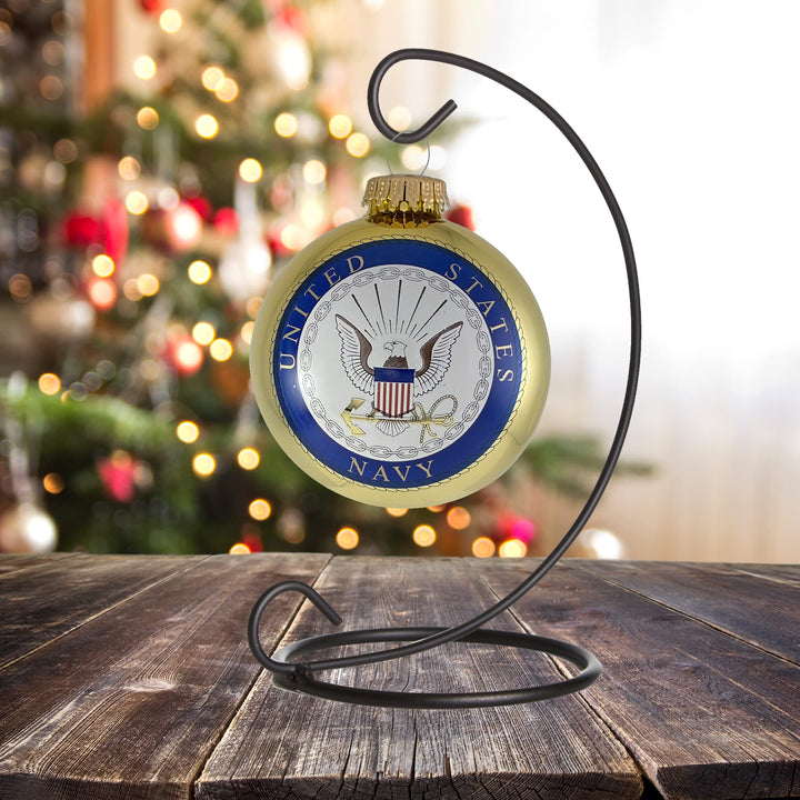 Christmas Tree Ornaments Made in the USA - 80mm / 3.25" Decorated Collectible Glass Balls from Christmas by Krebs - Handmade Hanging Holiday Decorations for Trees (USN Navy Logo & Hymn, Hymn)