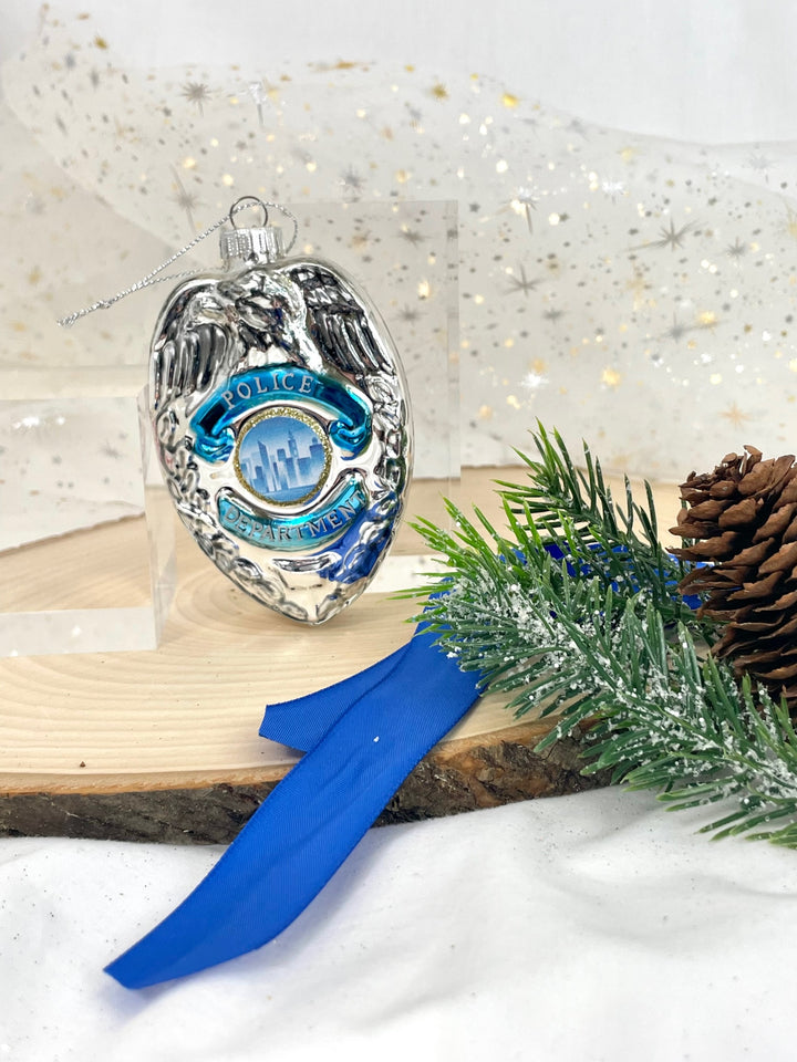 Christmas By Krebs Blown Glass  Collectible Tree Ornaments  (4" Policeman's Badge)