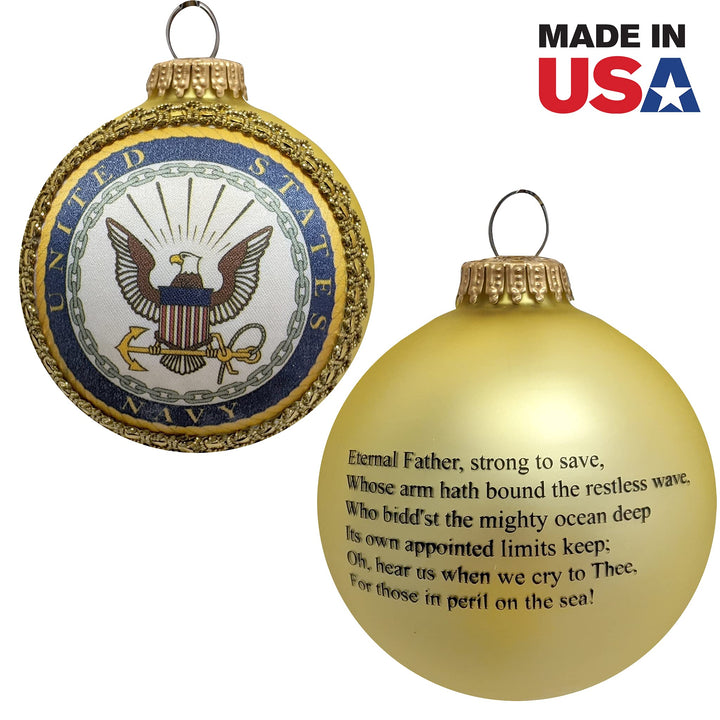 Christmas Tree Ornaments Made in the USA - 80mm / 3.25" Decorated Collectible Glass Balls from Christmas by Krebs - Handmade Hanging Holiday Decorations for Trees (Navy Emblem and Hymn, Silk)