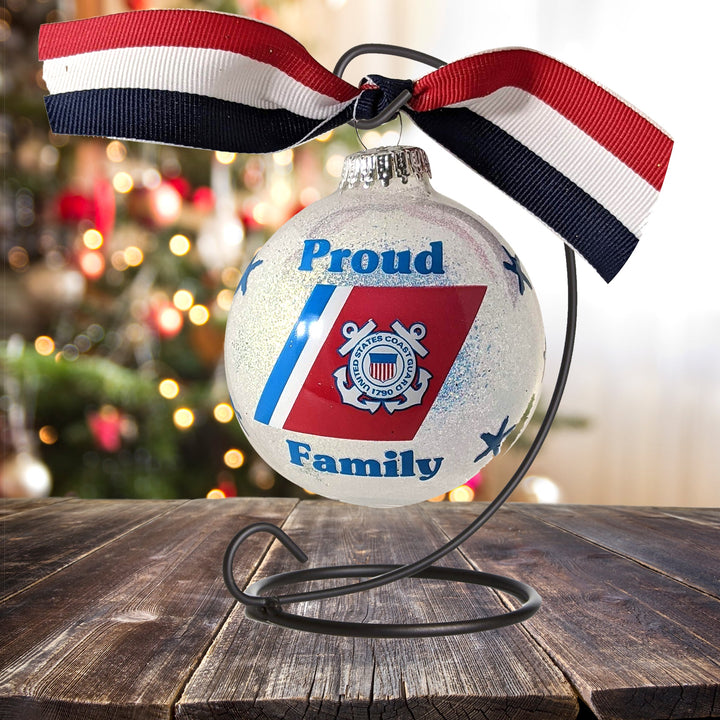 Christmas Tree Ornaments Made in the USA - 80mm / 3.25" Decorated Collectible Glass Balls from Christmas by Krebs - Handmade Hanging Holiday Decorations for Trees (HUGS Proud Coast Guard Family, Silk)