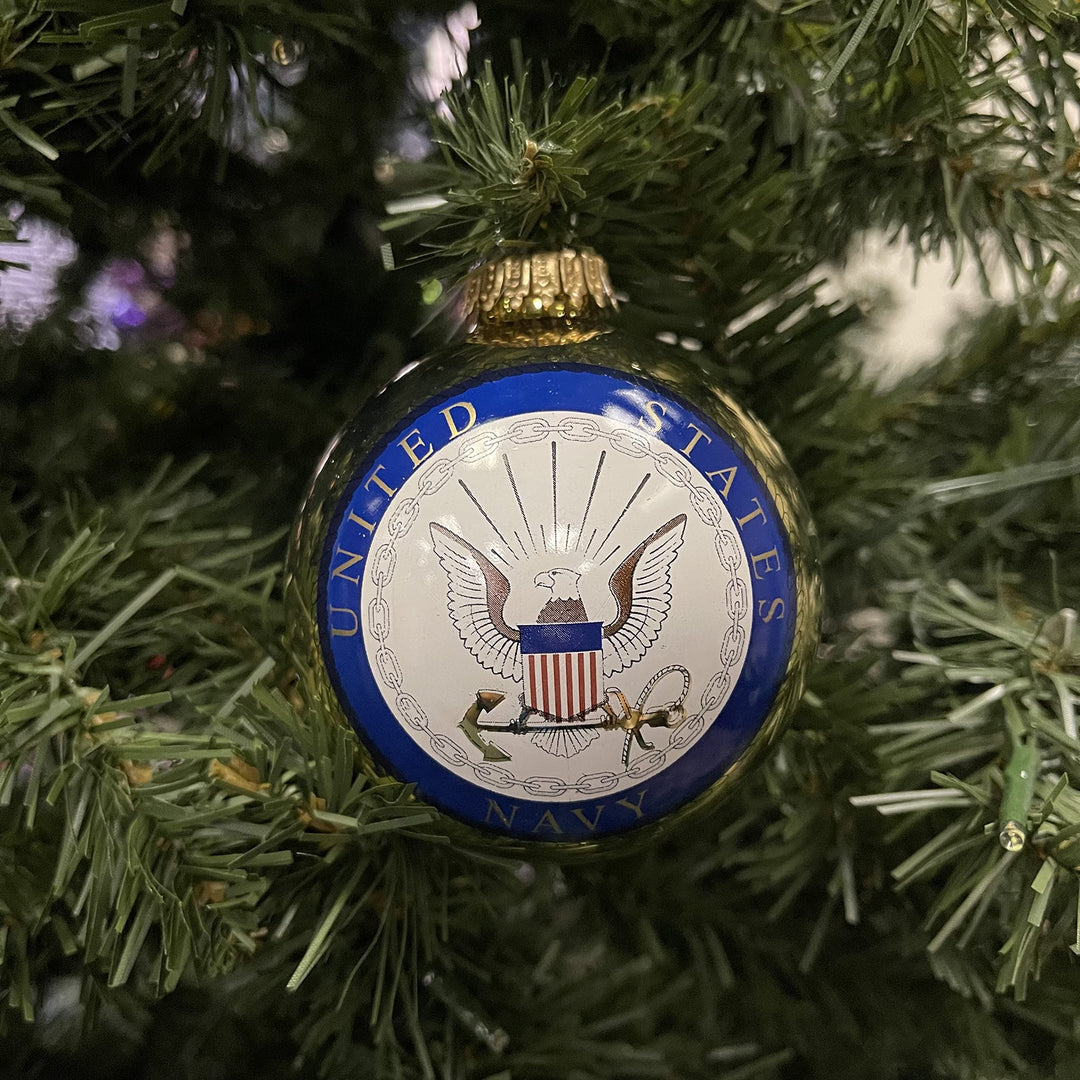 Christmas Tree Ornaments Made in the USA - 80mm / 3.25" Decorated Collectible Glass Balls from Christmas by Krebs - Handmade Hanging Holiday Decorations for Trees (USN Navy Logo & Hymn, Hymn)