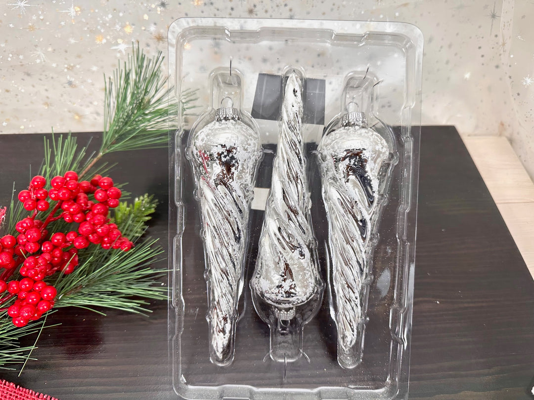 Glass Christmas Tree Ornaments - Decorated from Christmas by Krebs - Handmade Seamless Hanging Holiday Decorations for Trees (6" Bright Silver & White Glitter Twisted Icicles [3 Pieces])