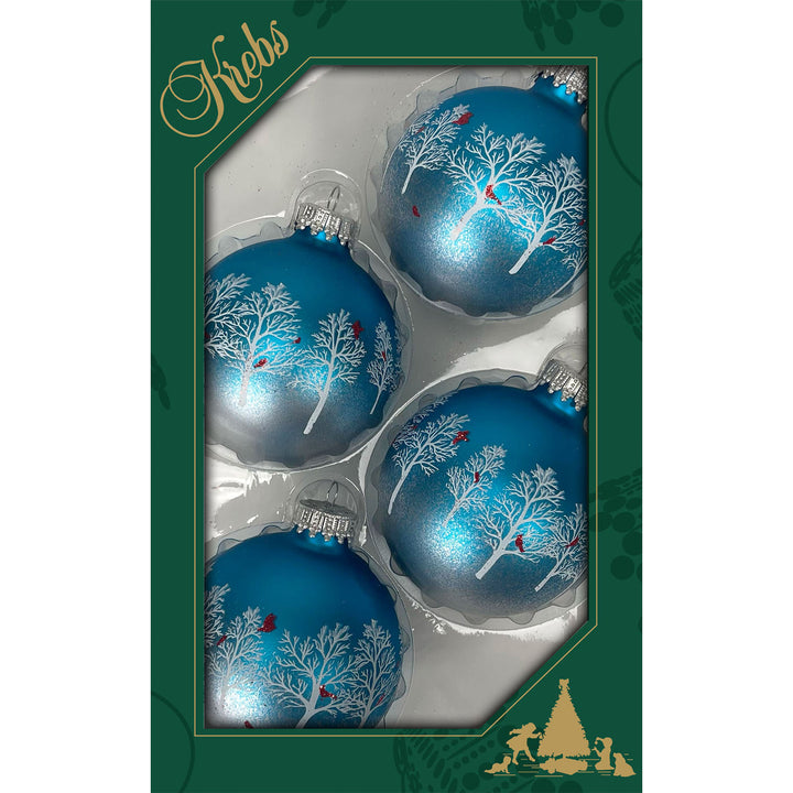 Glass Christmas Tree Ornaments - 67mm/2.63" [4 Pieces] Decorated Balls from Christmas by Krebs Seamless Hanging Holiday Decor (Turquoise Bliss Blue with Trees & Cardinals)