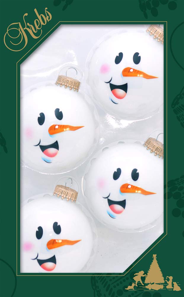 Glass Christmas Tree Ornaments - 67mm/2.63" [4 Pieces] Decorated Balls from Christmas by Krebs Seamless Hanging Holiday Decor (Shiny Porcelain White with Snowman Face)