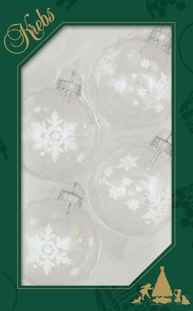 Glass Christmas Tree Ornaments - 67mm/2.63" [4 Pieces] Decorated Balls from Christmas by Krebs Seamless Hanging Holiday Decor (Clear with White Big Snowflakes)