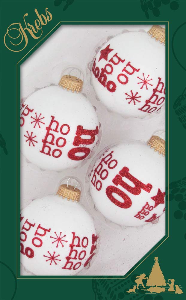 Glass Christmas Tree Ornaments - 67mm/2.63" [4 Pieces] Decorated Balls from Christmas by Krebs Seamless Hanging Holiday Decor (Porcelain White with Ho Ho Ho)