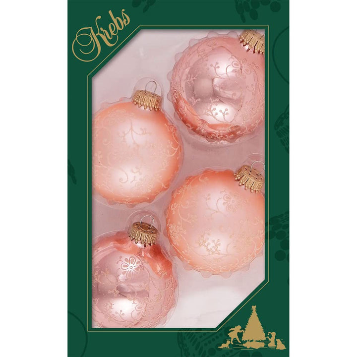 Glass Christmas Tree Ornaments - 67mm/2.63" [4 Pieces] Decorated Balls from Christmas by Krebs Seamless Hanging Holiday Decor (Rose Shine and Velvet Pink with Glitterlace)