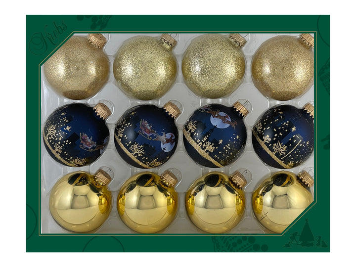 Glass Christmas Tree Ornaments - 67mm/2.63" Designer Balls from Christmas by Krebs - Seamless Hanging Holiday Decorations for Trees - Set of 12 Ornaments (Gold & Blue W/ Night Before Christmas)