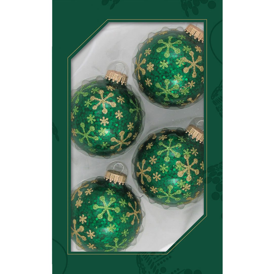 Glass Christmas Tree Ornaments - 67mm/2.63" [4 Pieces] Decorated Balls from Christmas by Krebs Seamless Hanging Holiday Decor (Jellybean Green Spangle with Gold & Green Jax)