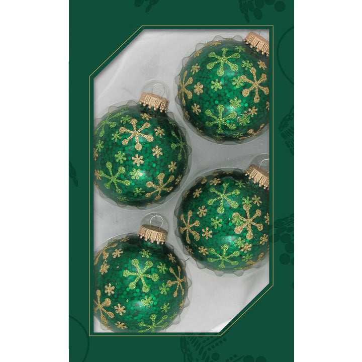 Glass Christmas Tree Ornaments - 67mm/2.63" [4 Pieces] Decorated Balls from Christmas by Krebs Seamless Hanging Holiday Decor (Jellybean Green Spangle with Gold & Green Jax)