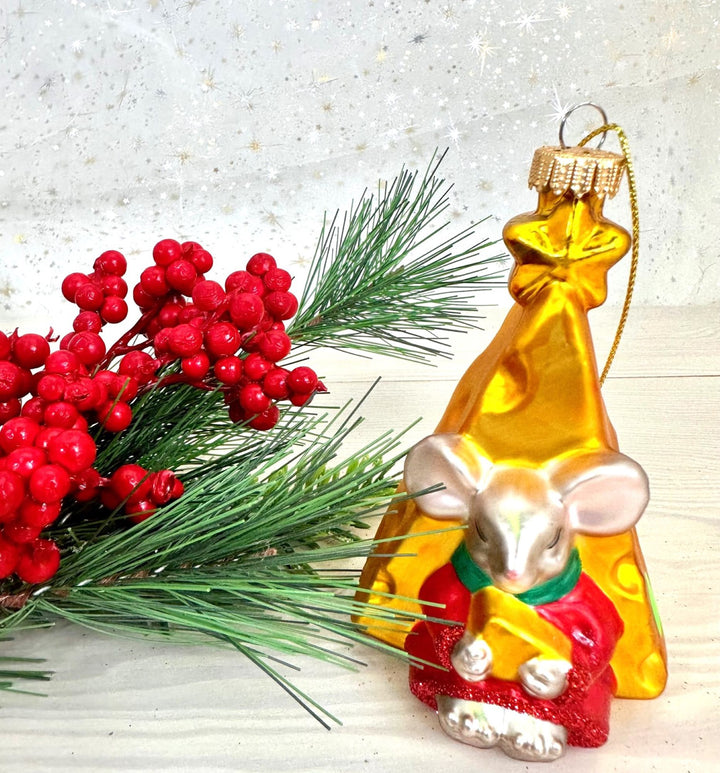 Christmas By Krebs Blown Glass  Collectible Tree Ornaments  (4" Mouse with Cheese Slice)