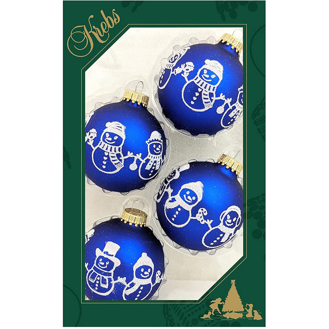 Glass Christmas Tree Ornaments - 67mm/2.63" [4 Pieces] Decorated Balls from Christmas by Krebs Seamless Hanging Holiday Decor (Royal Velvet Blue with Snowman)