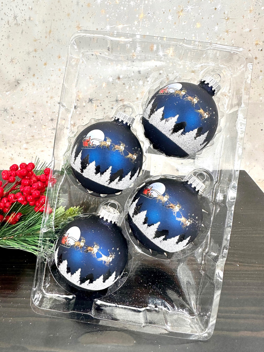 Glass Christmas Tree Ornaments - 67mm/2.63" [4 Pieces] Decorated Balls from Christmas by Krebs Seamless Hanging Holiday Decor (Midnight Haze Blue with Spirit of Christmas)
