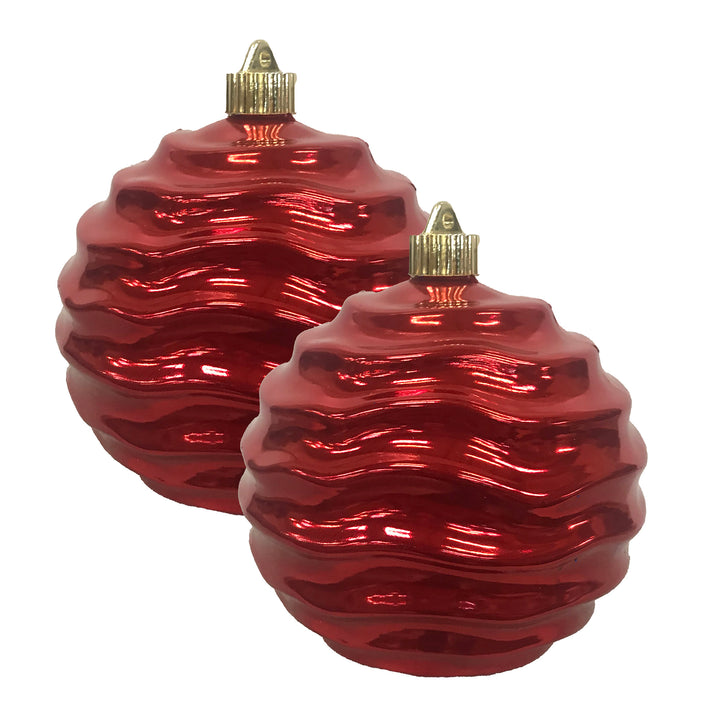 Christmas By Krebs 6" (150mm) Wavy Ripple Shiny Sonic Red [2 Pieces] Solid Commercial Grade Indoor and Outdoor Shatterproof Plastic, UV and Water Resistant Ball Ornament Decorations