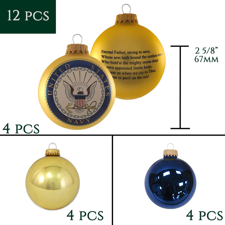 Christmas Tree Ornaments - Military Glass Balls from Christmas by Krebs - Handmade Seamless Hanging Holiday Decorations for Trees (67mm/2.625" Gold and Blue Navy-USN Variety Set of 12)