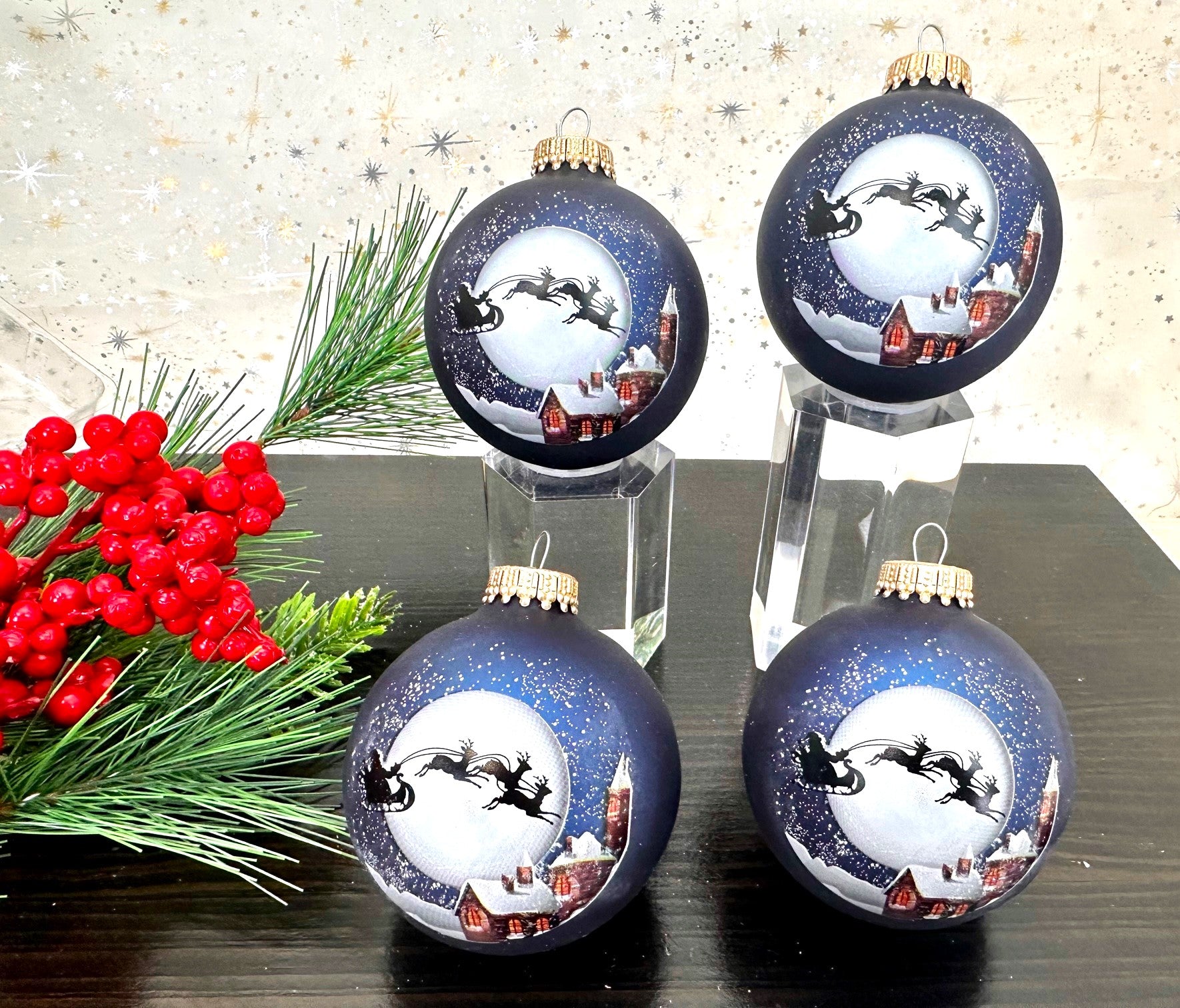 Handmade Christmas ornament set of 6 Fairytale Navy Velvet Crystal