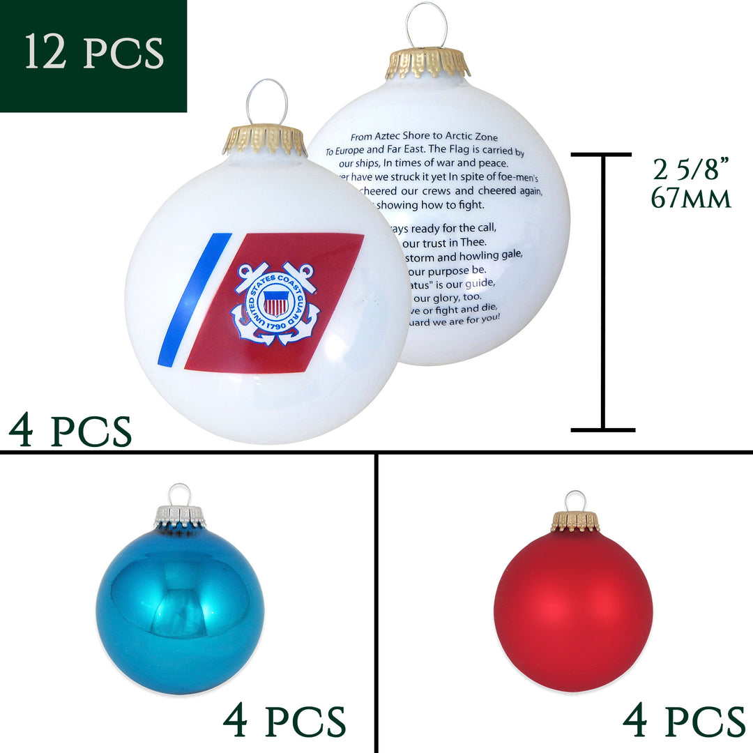 Christmas Tree Ornaments - Military Glass Balls from Christmas by Krebs - Handmade Seamless Hanging Holiday Decorations for Trees (67mm/2.625" Red, White and Blue Coast Guard-USCG Variety Set of 12)