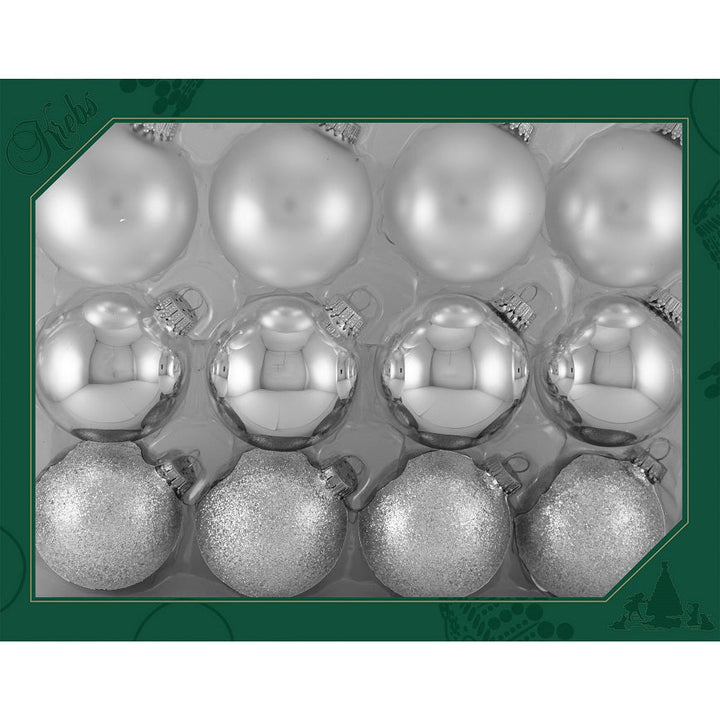 Glass Christmas Tree Ornaments - 67mm/2.63" Designer Balls from Christmas by Krebs - Seamless Hanging Holiday Decorations for Trees - Set of 12 Ornaments (Shiny, Velvet and Glitter Silver)