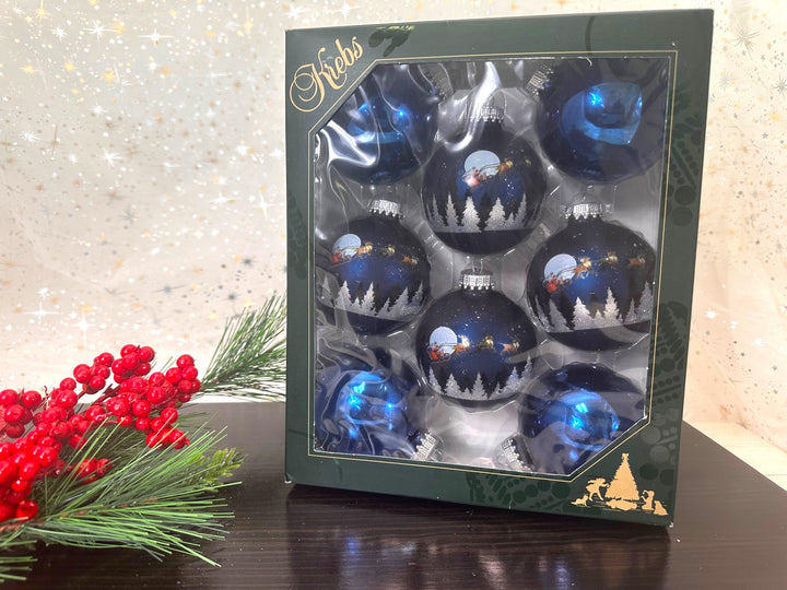 Glass Christmas Tree Ornaments - 67mm / 2.63" [8 Pieces] Designer Balls from Christmas By Krebs Seamless Hanging Holiday Decor (Deep Blue Haze with Spirit of Christmas)