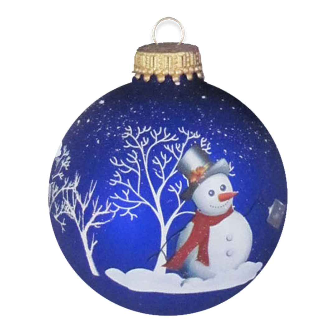 Glass Christmas Tree Ornaments - 67mm / 2.63" [8 Pieces] Designer Balls from Christmas By Krebs Seamless Hanging Holiday Decor (Royal Velvet Blue with Bell Ringer Snowman)