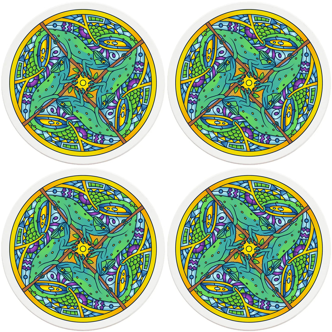 4" Round Ceramic Coasters - Mandala Chameleon, 4/Box, 2/Case, 8 Pieces - Christmas by Krebs Wholesale