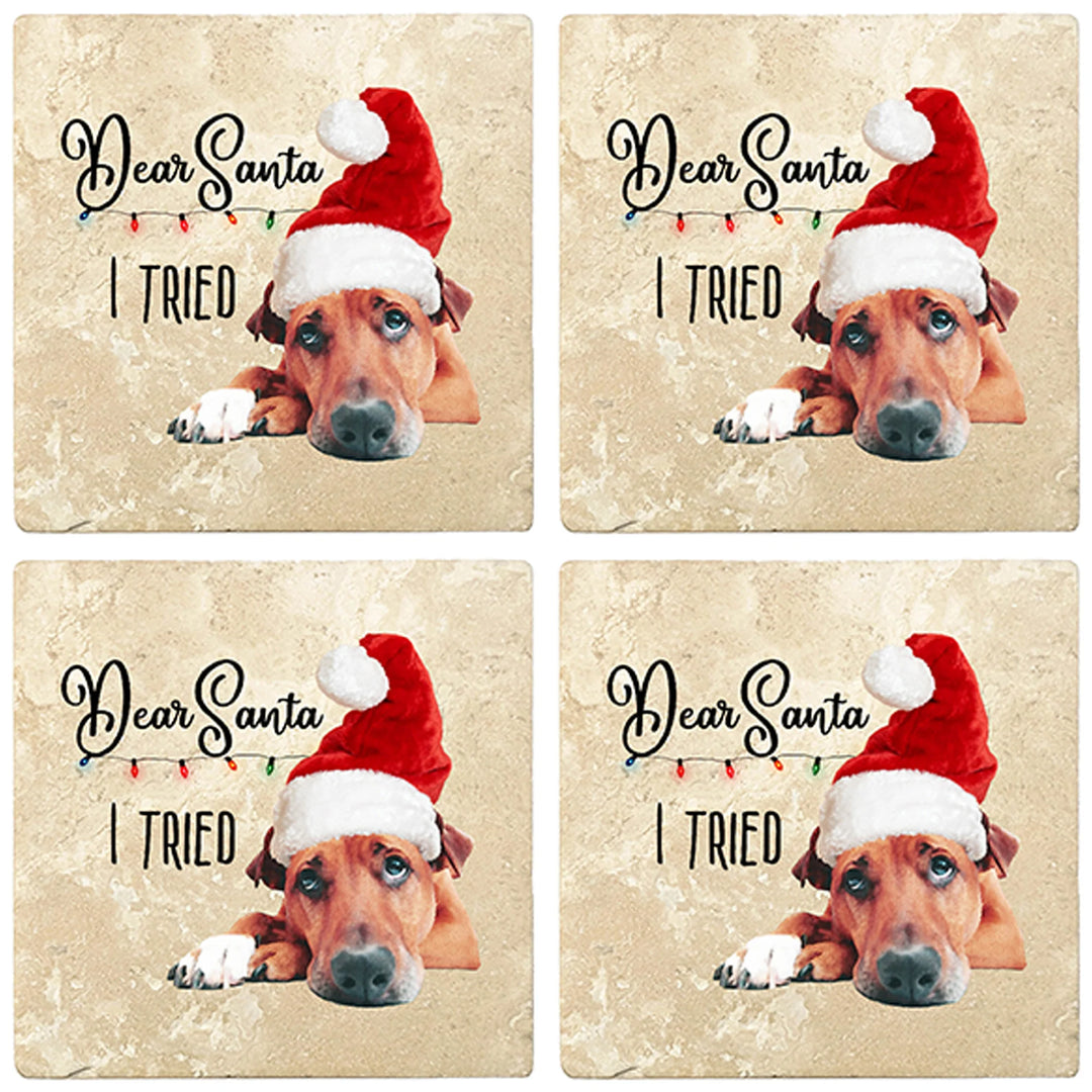 4" Christmas Holiday Travertine Coasters - Dear Santa, 2 Sets of 4, 8 Pieces - Christmas by Krebs Wholesale