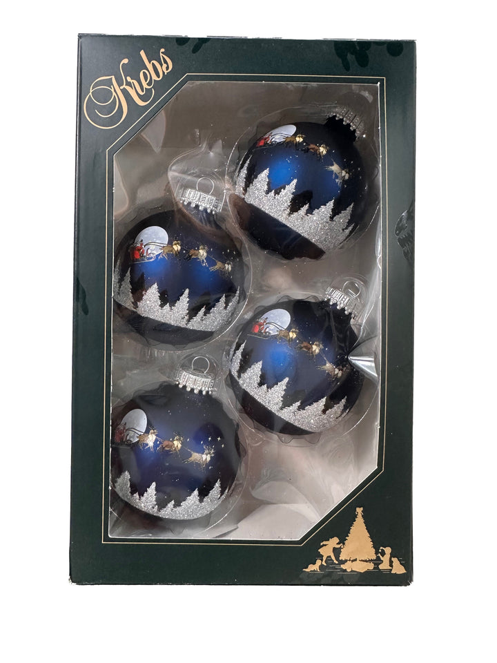 Glass Christmas Tree Ornaments - 67mm/2.63" [4 Pieces] Decorated Balls from Christmas by Krebs Seamless Hanging Holiday Decor (Midnight Haze Blue with Spirit of Christmas)